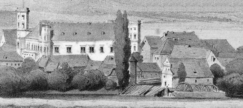 Castle and mill with water-powered wheels, 1853